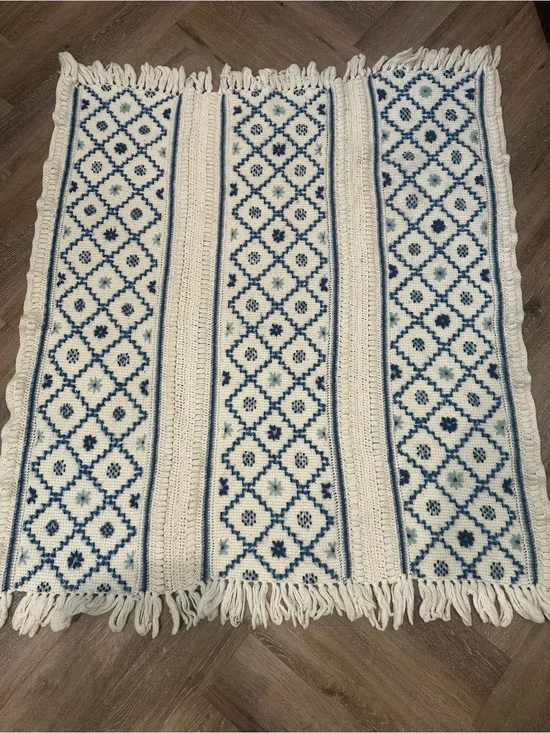 Handmade Cream and Blue Crochet Throw Blanket