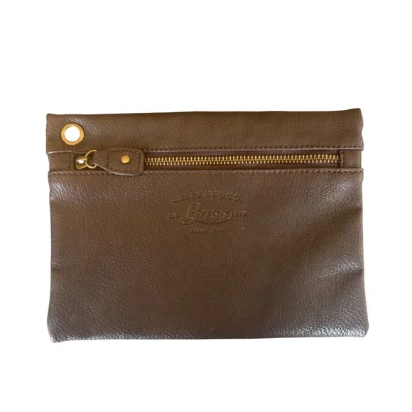 GH Bass & Co Brown‎ Faux Leather Zippered Pouch Organizer Bag Brass Hardware