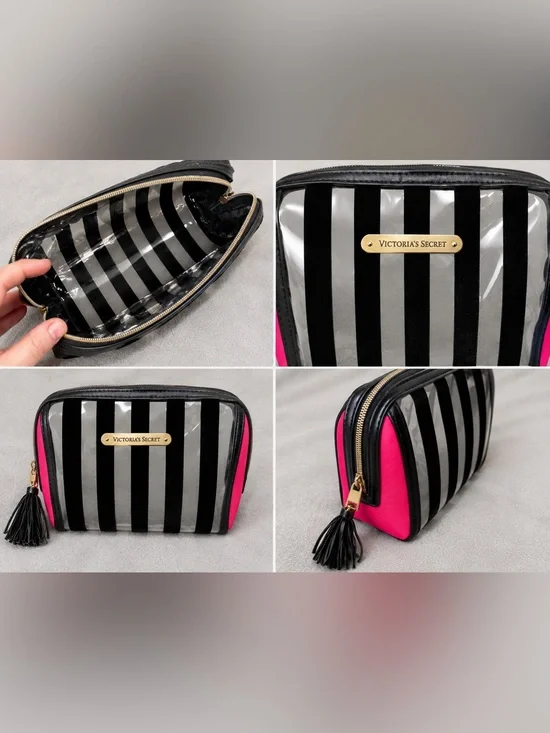 Victoria's Secret Black & Pink Striped Clear Cosmetic Case with Tassel