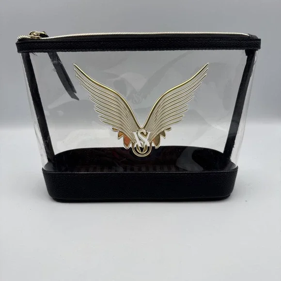 Victoria's Secret Clear Black Makeup Bag‎ PVC Faux Leather Gold Angel Wings