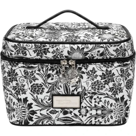 B.T. Rosso Cosmetic Case Women OS White Black Floral Heart Zipper Vanity Bag