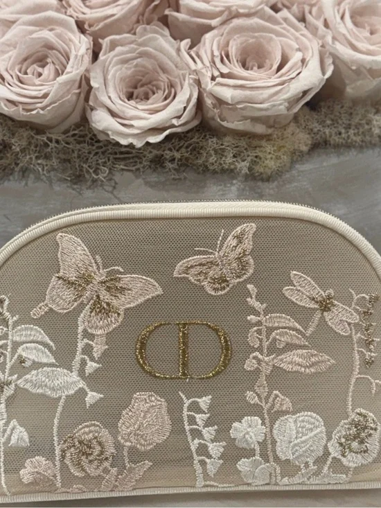 Dior Beige Floral Butterfly Embroidered Cosmetic Beauty Pouch NIB