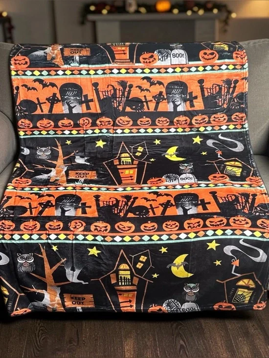 Halloween Pumpkin Print Plush Throw Blanket - Black & Orange