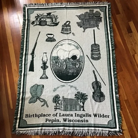 Laura Ingalls Wilder Vintage Throw Birthplace Wisconsin Dark Green Blanket