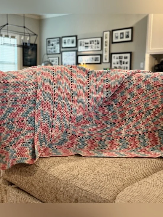 Pastel Pink Blue Cream Handmade Crochet Afghan Throw 59x48 Openwork Striped