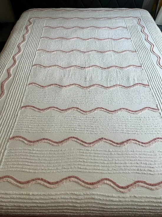 Vintage Chenille Bedspread White Pink Cover 100” x 71