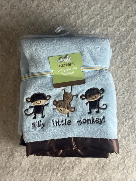 Carter's Silly Little Monkey Snuggle Me Blanket Blue Brown Silky Satin Edge NEW