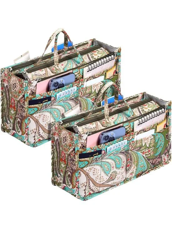 2 Pcs Peacock Flower Handbag Organizers - 13 Pocket Tote Insert for Women