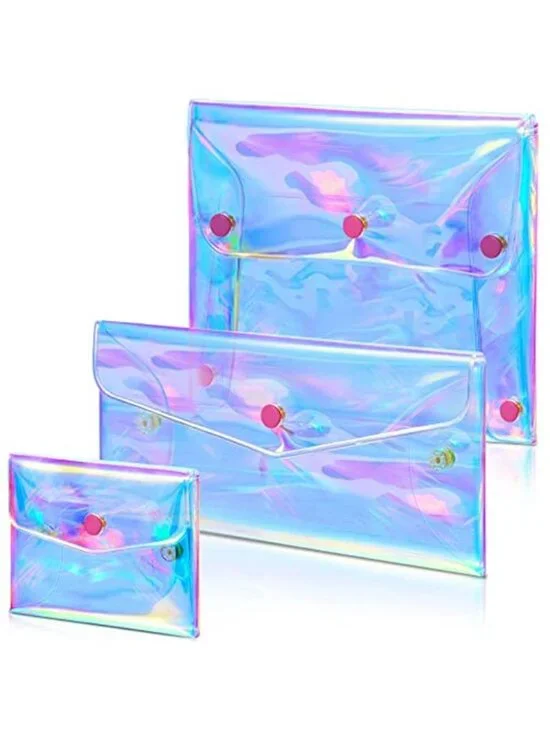 3 Pcs Holographic Makeup Bag Iridescent Pencil Pouch Clear Wallet Transparent