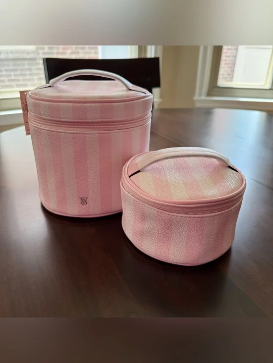 New Pink Victoria’s Secret Makeup Bag Set Striped Heritage Cosmetic Case 2 Piece