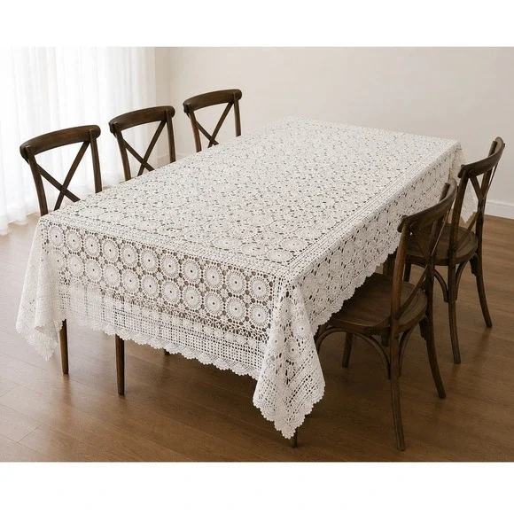 Vintage Handmade Crochet Lace Tablecloth Mauve Dusty Rose‎ Cotton Rectangle