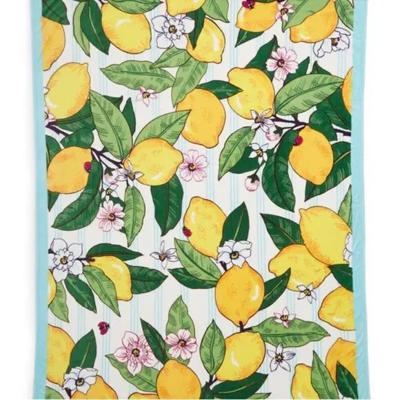 Vera Bradley Lemon Grove White Blue Yellow Green Oversized Plush Throw Blanket