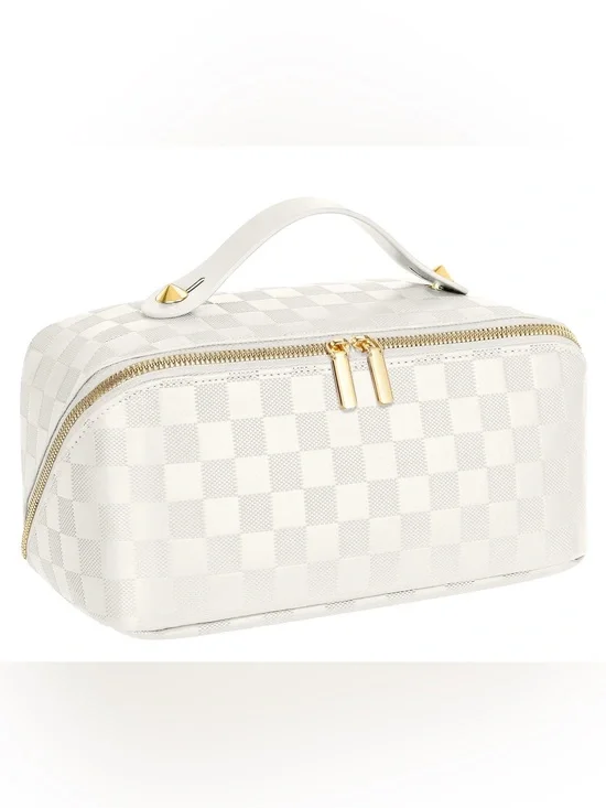✨NEW White Checker Cosmetic Travel Case with Gold Hardware