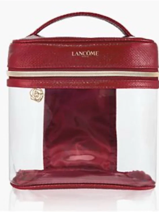 NWOT Lancôme Clear Train Case with Burgundy Trim & gold-tone hardware