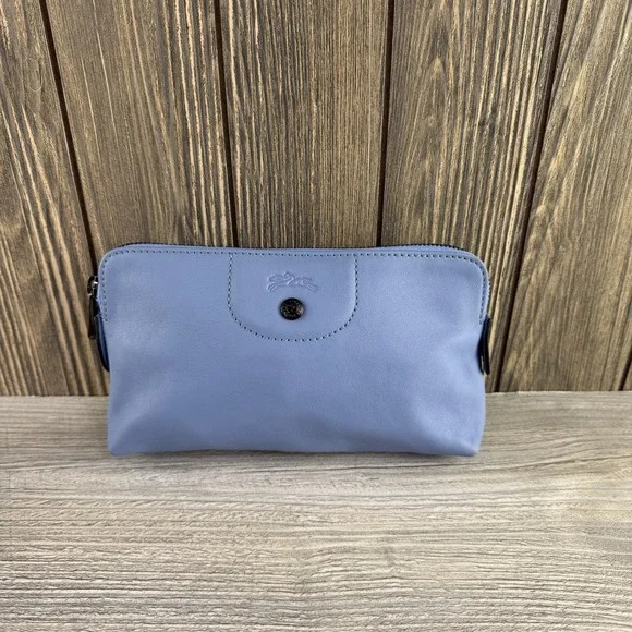Longchamp Le Pliage Cuir Leather Pouch Cosmetic Bag Pilot Blue Zip Clutch