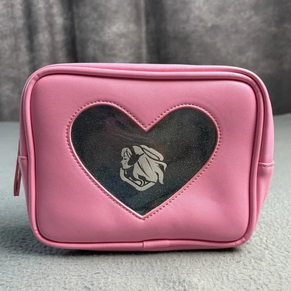 Akei Pink Heart Window Makeup Bag Vegan Leather Glitter Cosmetic Pouch Y2K