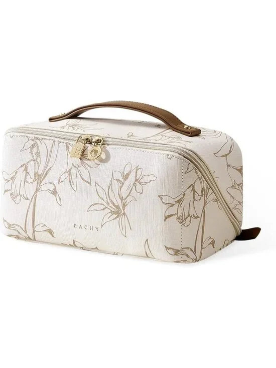 Floral Travel Makeup Bag for Women - Medium Cosmetic Organizer in Beige