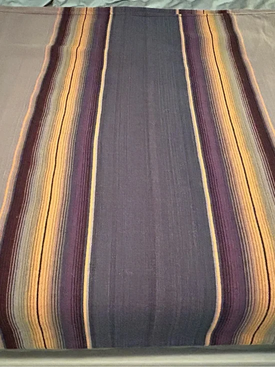 Striped Wool King Size Blanket in Blue, Purple, Yellow. Hand weaved in Mexico