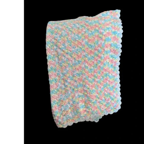 intage handmade‎ crochet pastel baby blanket pink blue green yellow 36x31 Afghan