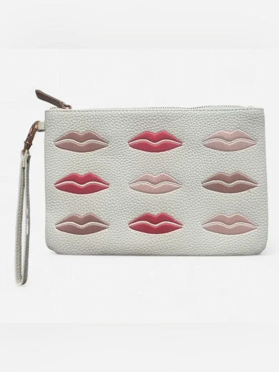 Beautybio White and Pink Faux Leather Lip Pattern Wristlet Makeup Cosmetic Bag