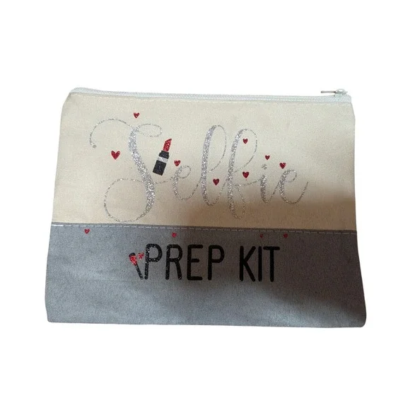 Selfie Prep Kit Canvas Makeup Bag Cream Grey Glitter‎ Cosmetic Pouch Zippered