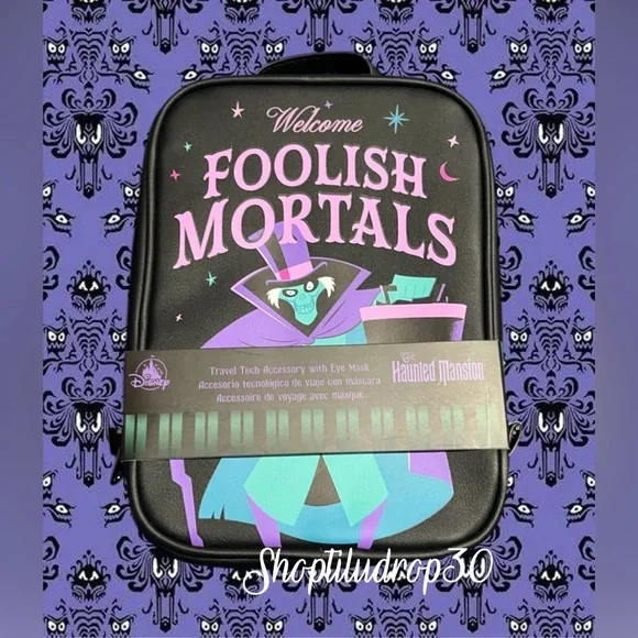 Disney Parks Haunted Mansion Welcome Foolish Mortals Mini Travel Bag & Eye Mask