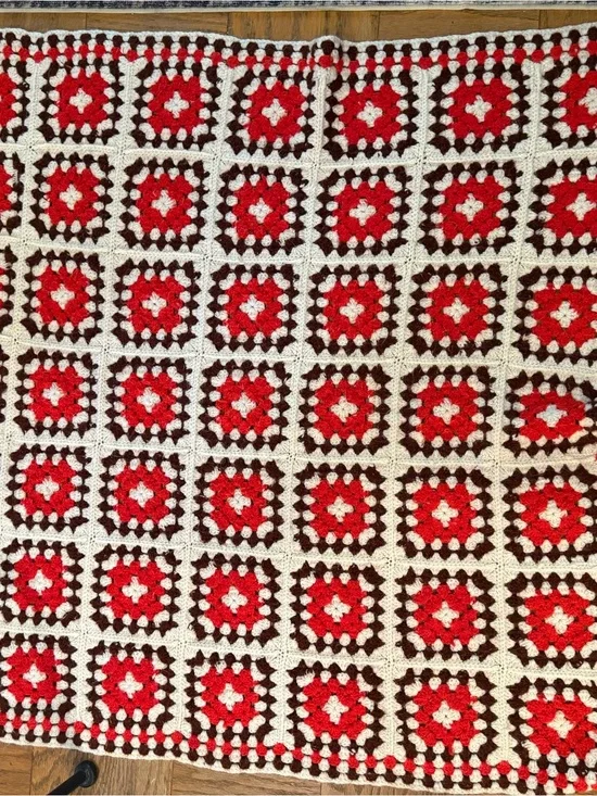 Vtg Handmade Fall Colors Orange, Cream Brown Crochet Granny Square Throw Afghan