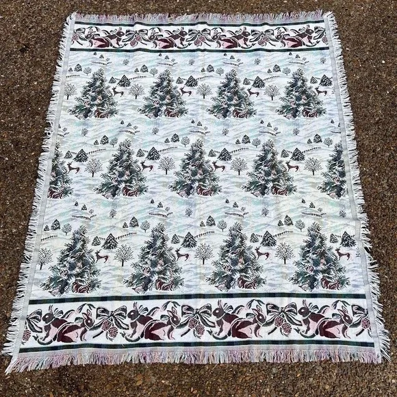 Vintage Winter Woodland Woven Tapestry Throw Blanket Christmas Trees Deer Rabbit