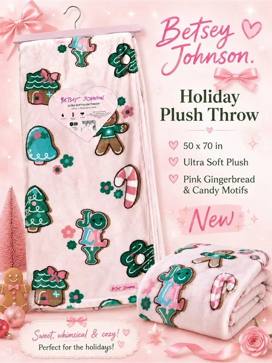New Betsey Johnson Pink Holiday Plush Throw with Gingerbread & Candy Motifs