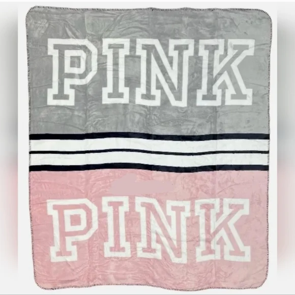 Victoria's Secret PINK Logo Plush Soft Cozy Pink & Grey Throw Fleece Blanket NEW