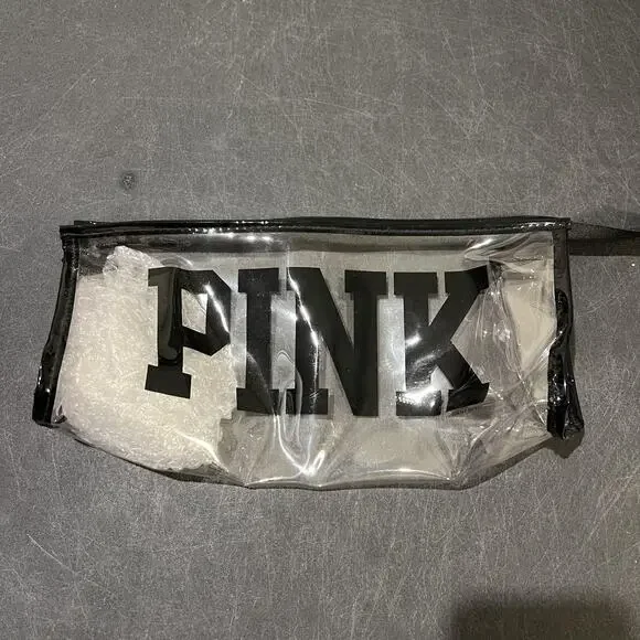 VS PINK Clear PVC Cosmetic Clutch Bag Womens Black Logo Zip