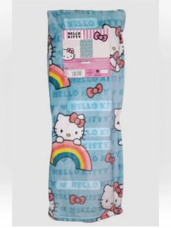 Hello Kitty Bow So Sweet Blue Rainbow Fleece Throw Blanket