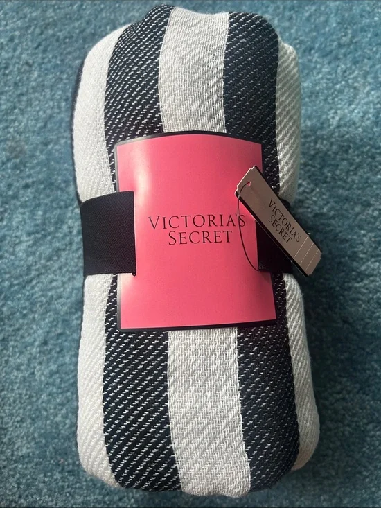 Victoria's Secret Black, Pink, and White Striped Throw Blanket