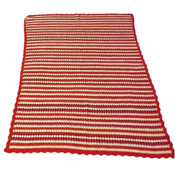 Vintage MCM Hand Crocheted Grit Stitch Afghan Red & White 57” X 44”