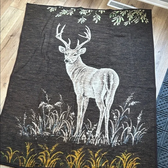 Vintage Biederlack Deer Buck Reversible Blanket  Cabincore Germany 69”x53”