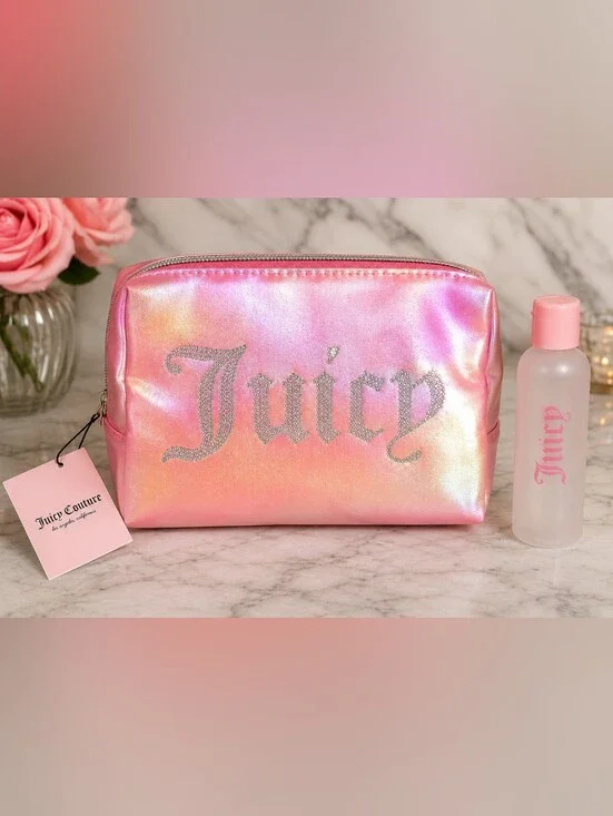 NWT Juicy Couture Iridescent Pink Rhinestone Cosmetic Bag + Travel Bottle