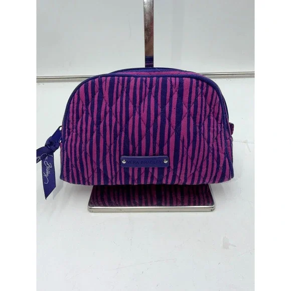 Vera Bradley Quilted Cosmetic Bag Purple Pink Striped Makeup Travel Pouch