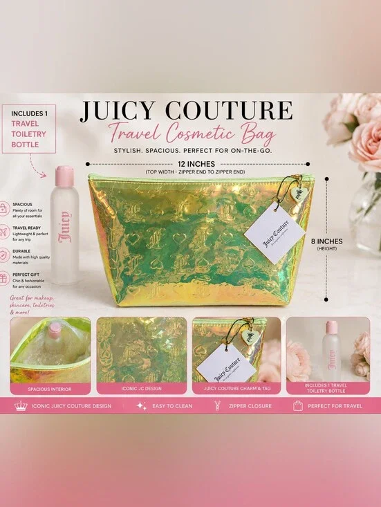 Juicy Couture Holographic Travel Cosmetic Bag + Bottle NWT