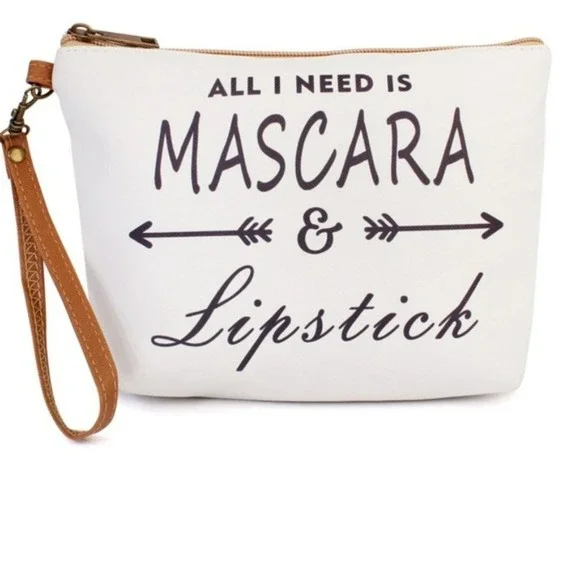 All I Need is Mascara & Lipstick Wristlet Makeup Cosmetics Pouch Travel Bag New