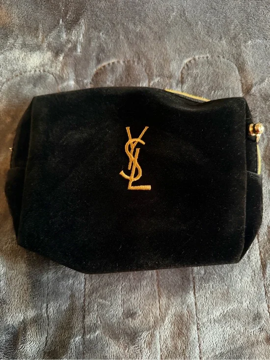 GWP!! Saint Laurent Black Velvet Cosmetic Pouch with Gold YSL Monogram