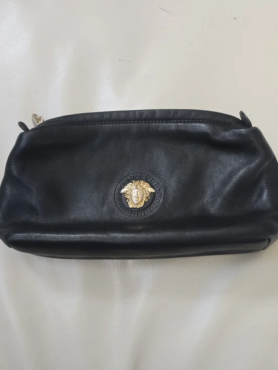 Gianni Versace Black Leather Medusa Vintage Cosmetic Pouch with Gold Emblem