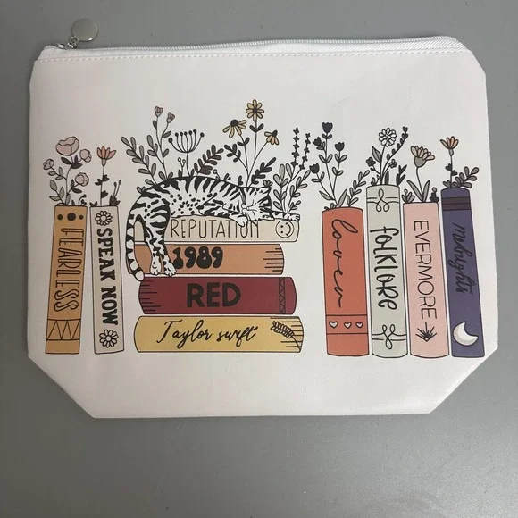 Taylor Swift Eras Cat Book Stack Makeup Bag White Faux Leather Zipper Pouch
