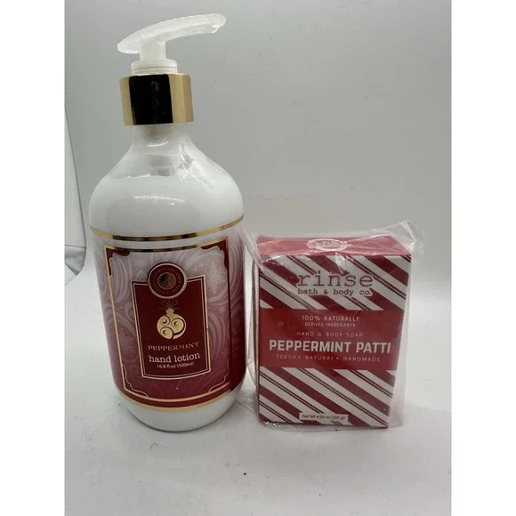 Peppermint Hand Lotion 16.8oz + Rinse Bath & Body Peppermint Patti Soap Gift Set