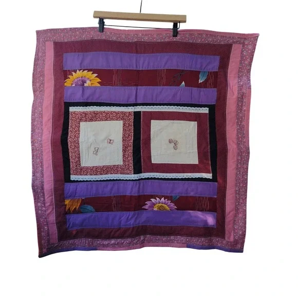 Handmade Patchwork Baby Quilt Nursery Blanket Purple‎ Pink Sunflower EXCELLENT