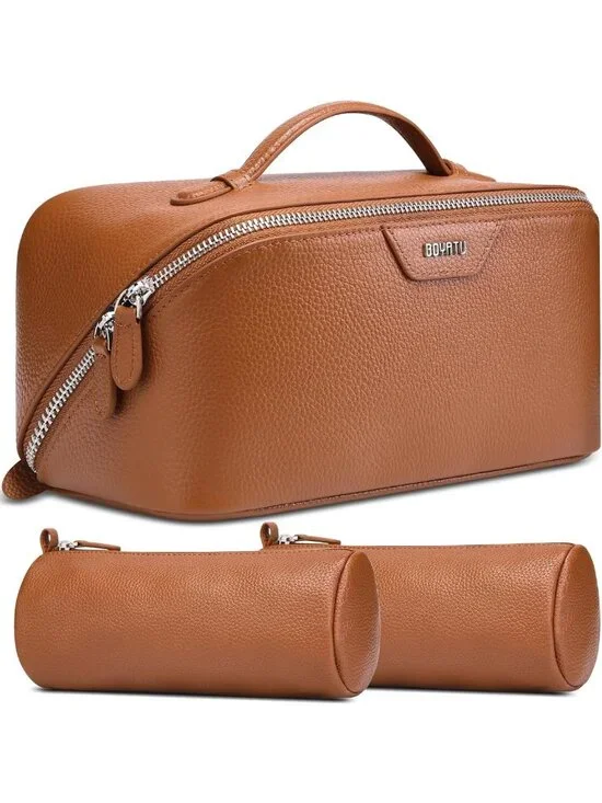 Handmade Genuine Leather Travel Makeup Bag Set - 3 Pcs Cosmetic Organizer