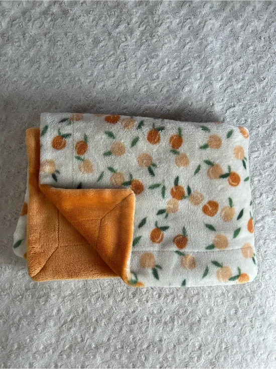 Orange Peach Fruit Baby Blanket Green Leaves Beige Tan Plush Security Lovey