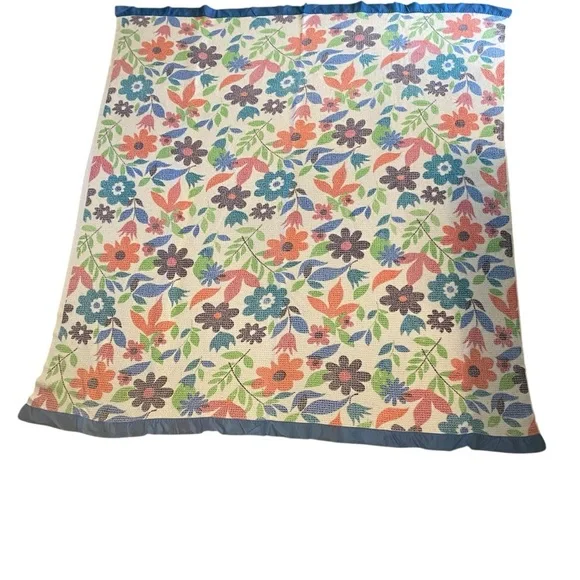 Vintage 60s 70s Floral Multicolor flower power print Blue Silky trim Blanket