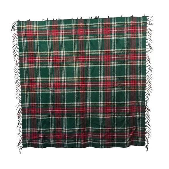 Vintage Troy Mills Plaid Wool Blend Throw Blanket 50x50 USA Made‎ Fringe Tartan