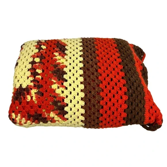 Vintage Granny Square Crochet Blanket Afghan Throw Retro Brown‎ Handmade 68x66