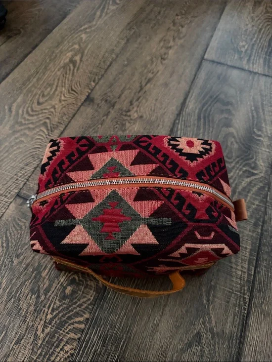 Boho Geometric Canvas Travel Pouch - Red & Pink